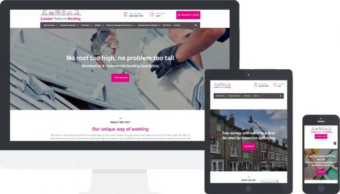 London Platform Roofing website shown across desktop, tablet and mobile